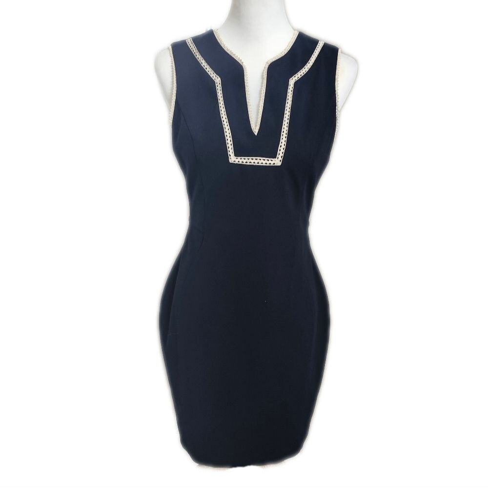 Tommy Hilfiger v-neck navy blue sheath mini dress w/ crochet cream trim 4